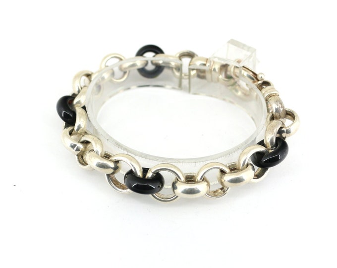 Vintage Black Ceramic Charm Rolo Chain Bracelet Sterling Silver BR 2414