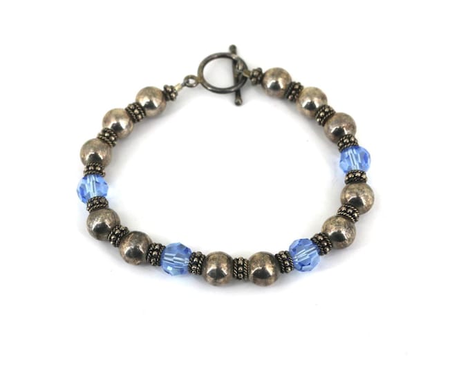 Vintage Beaded & Blue Crystals Bracelet 925 Sterling BR 046
