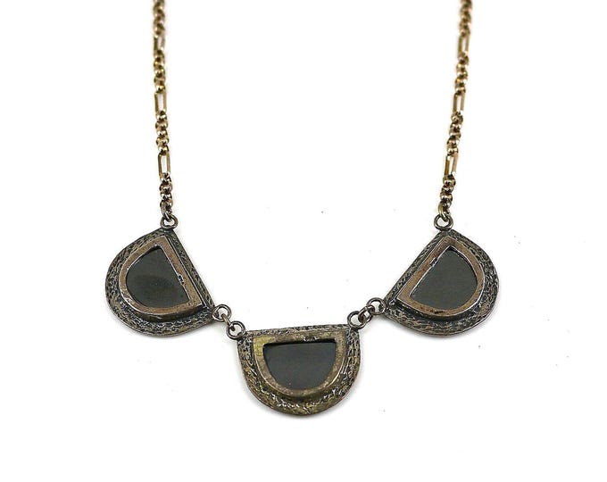 Vintage Three Shiny Flat Semicircles Black Hematite Israel Design Necklace 925 Sterling Silver NC 1363