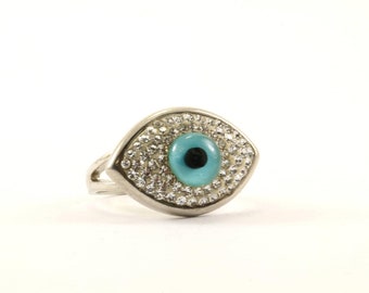 Vintage Size 6.25 Evil Eye Sparkling Crystal Cz Cocktail Ring 925 Sterling Silver Rg 436