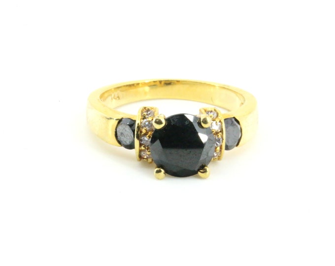 Vintage Size 8 Gold Plated Round Black Onyx  Ring 925 Sterling Silver RG 438