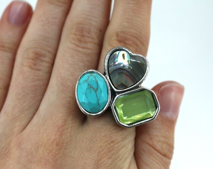 Vintage Size 6 Multi Stone Turquoise Abalone Topaz Large Ring  Sterling 925 Silver Rg 1744