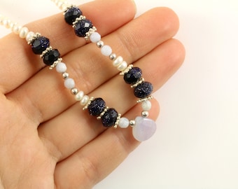 Vintage 16 inch Blue Lace Agate & Pearl Necklace Sterling Silver NC 005