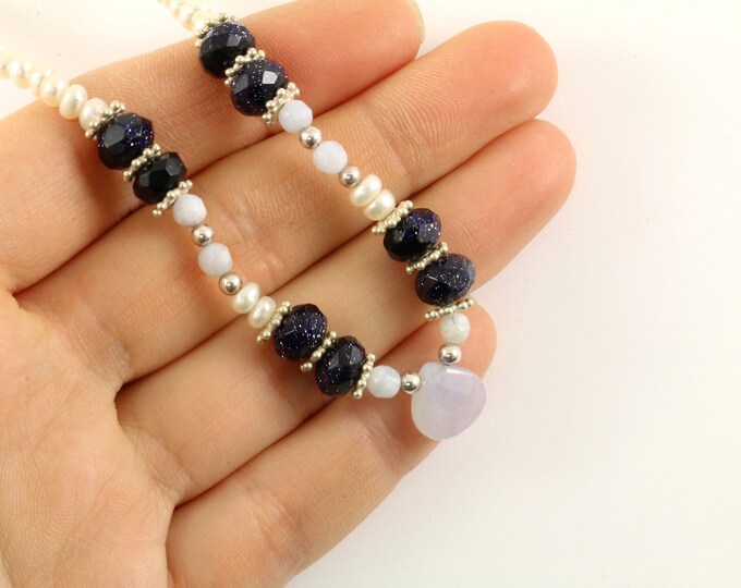 Vintage 16 Inch Blue Lace Agate Natural Pearls Design Necklace 925 Sterling Silver NC 721