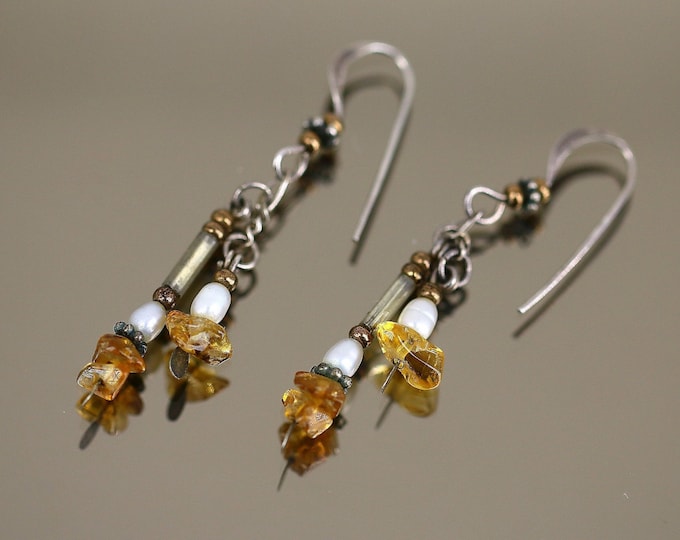 Vintage Natural Citrine Crystals Pearls Beaded Design Drop Dangle Earrings Sterling Silver 925 ER 1564