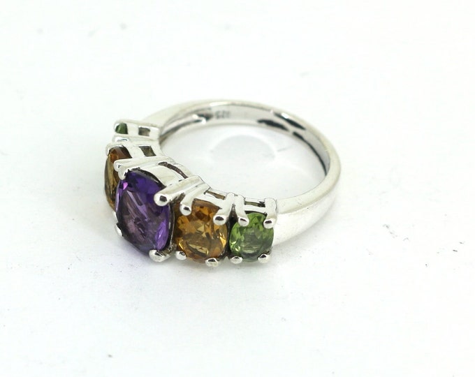 Vintage Size 6.75 Shiny Bright Multi Color Crystals CZ Design Band Ring 925 Sterling Silver RG 3198