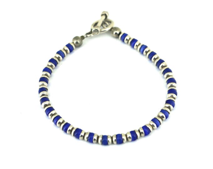 Vintage Blue Beaded Toggle Clasp Bracelet Sterling Silver BR 242