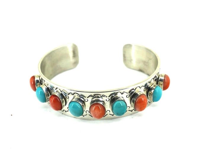 Vintage Coral & Turquoise Stones Jay King Design Cuff Bracelet 925 Silver BR 3787