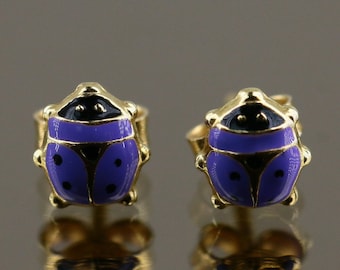 Beautiful 14 K Gold Small Tiny Dainty Ladybug Cute Girl Kids Design Stud Earrings Sterling Silver 925 GER 57