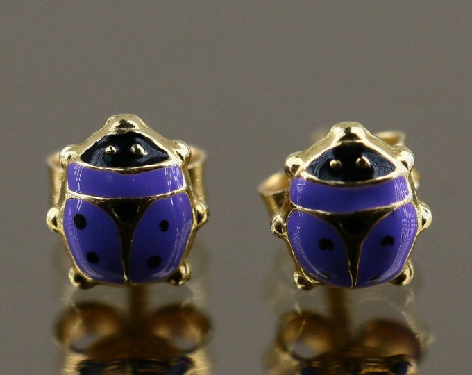 Beautiful 14 K Gold Small Tiny Dainty Ladybug Cute Girl Kids Design Stud Earrings Sterling Silver 925 GER 57