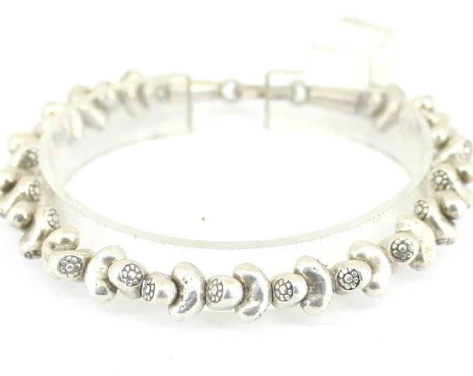 Vintage Beads Curved Partly Hammered Beaded Chain Link Bracelet 925 Sterling Silver BR 2357