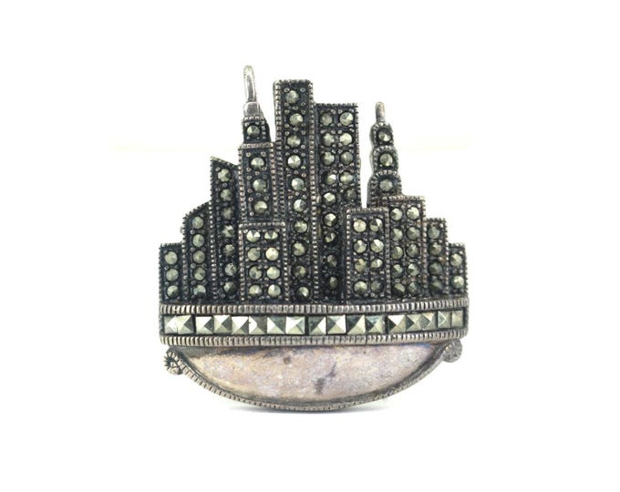 Vintage New York City Skyline Marcasite Stones Design Brooch Sterling Silver 925 BB 1771