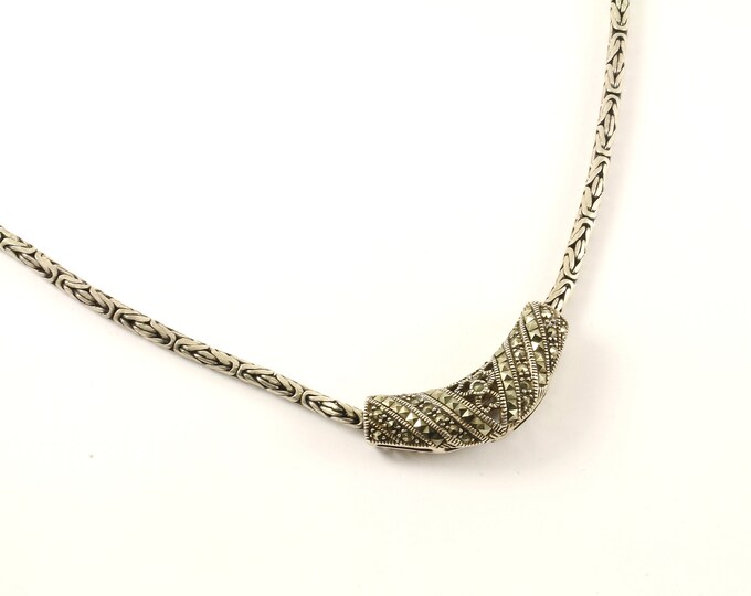 Vintage 20 Inch Byzantine Marcasite Design Hook Necklace 925 Sterling Silver NC 1537