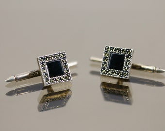 Vintage Judith Jack Square Black Onyx Marcasite Stones Design Men Cufflinks 925 Sterling OT 285