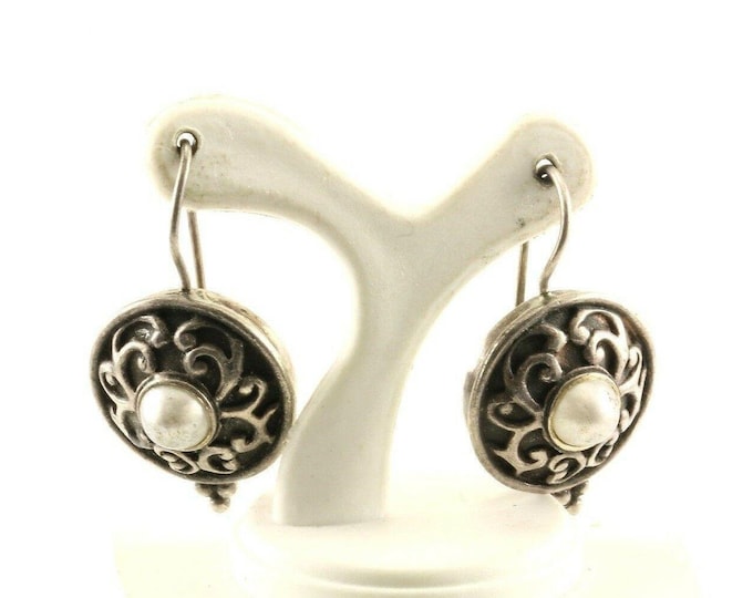 Vintage Scroll Faux Pearl Design Drop Dangle Earrings 925 Sterling Silver Er 817(123759755523)