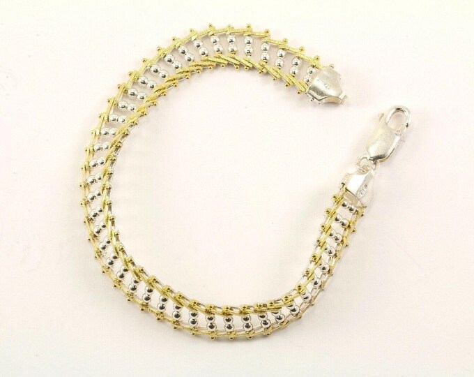 Vintage Two Tone Herringbone Design Link Bracelet Sterling Br 1129(123759752344)