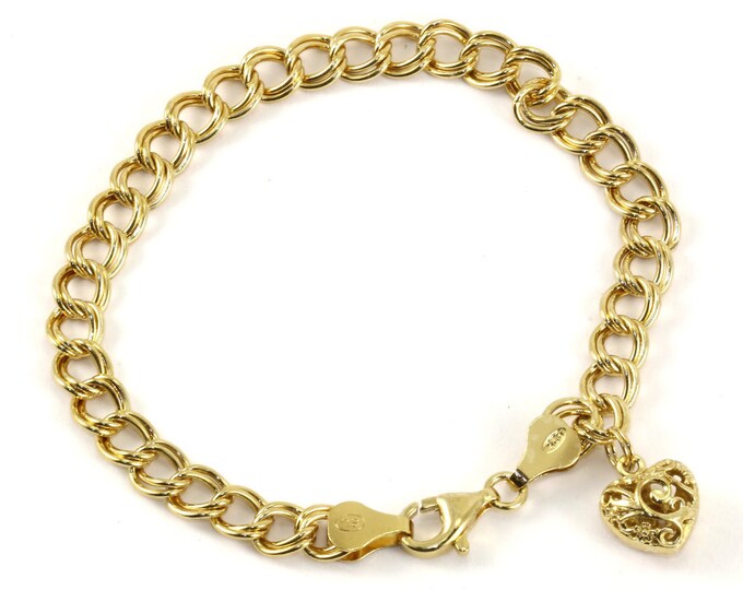 Vintage Heart Shape Scroll Design Charm Double Link Chain Bracelet Sterling Silver BR 1908
