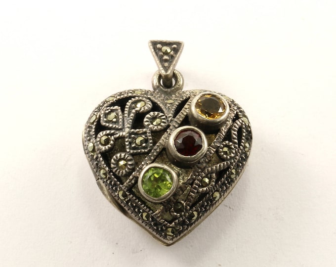 Vintage Locket Heart Marcasite & Green, Red, Yellow Crystals Pendant 925 Sterling Silver PD 1418