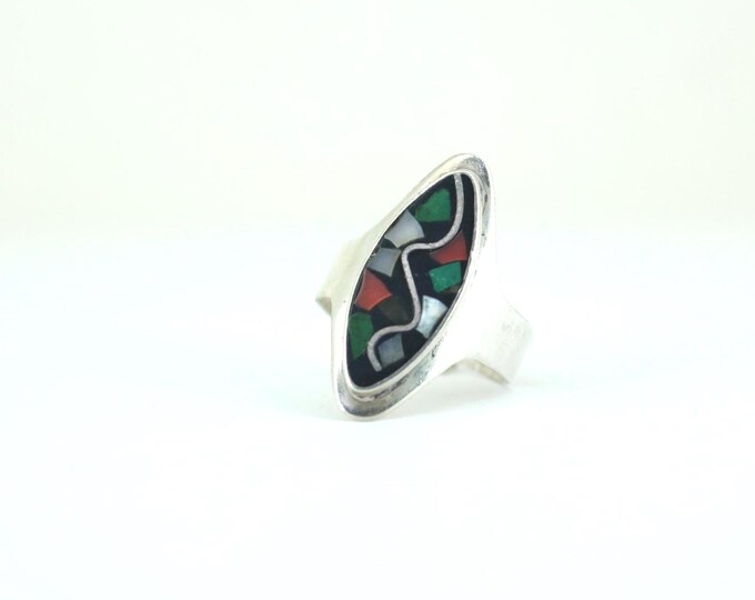Vintage Large Oval Colorful Stones Mother Of Pearl Design Ring 925 Sterling Silver Rg 4145
