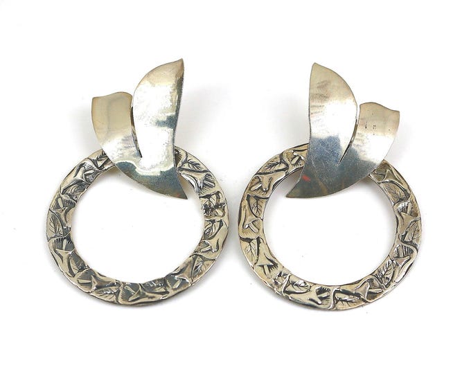 Vintage Large Round Circles Flower Floral Design Stud Earrings Sterling 925 ER 1467