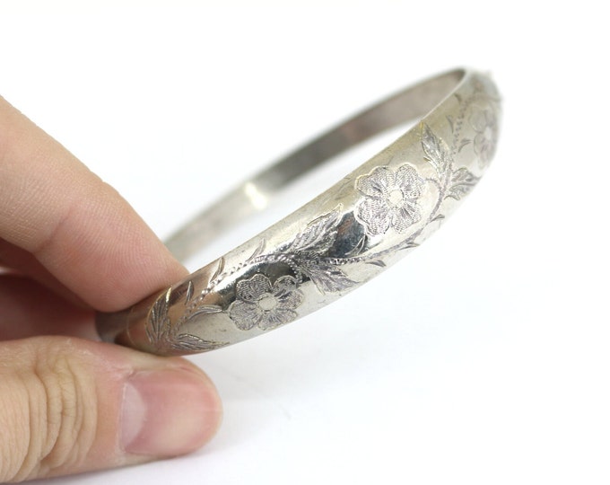 Vintage Engraved Floral Etched Design Round Bangle Bracelet 925 Sterling BR 3144