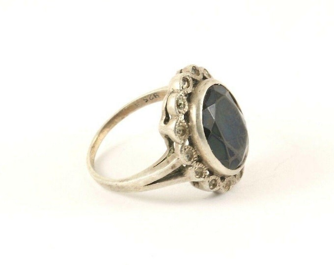 Vintage Silver Black Round Crystal Flower Design Ring 925 Sterling RG 3911
