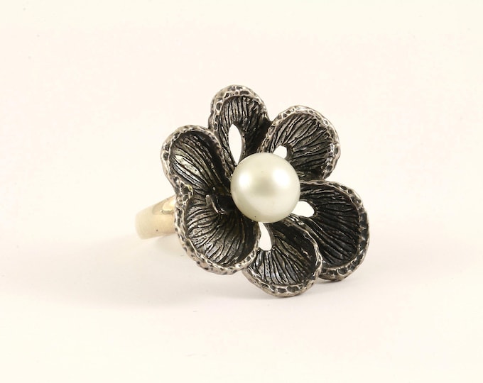 Vintage Size 7 Flower Floral Faux Pearl Design Ring 925 Sterling Silver Rg 629