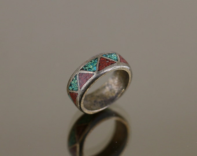 Vintage Size 7 Spider Web Green Turquoise Red Coral Geometry Design Ring 925 Sterling Silver RG 4237