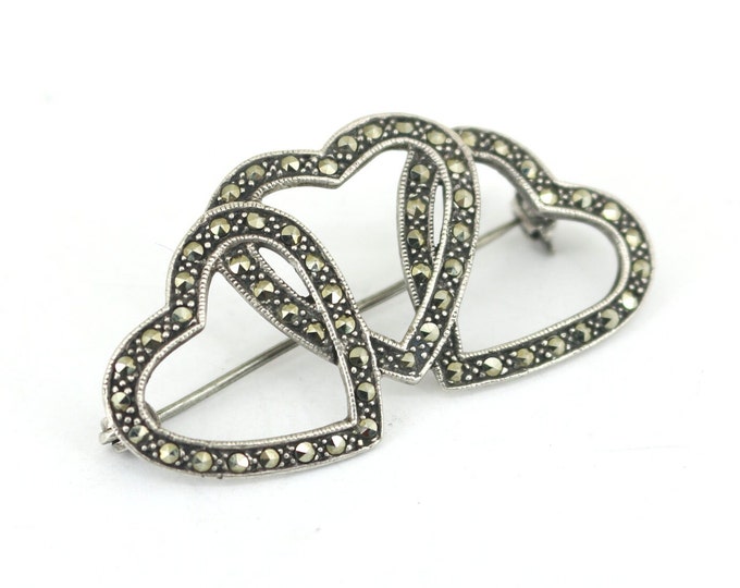 Vintage Heart Love Open Marcasite Design Brooch Pin Sterling Silver 925 BB 1811
