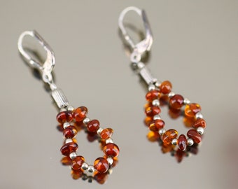 Vintage Beads Beaded Natural Amber Design Drop Dangle Earrings Sterling 925 ER 1531
