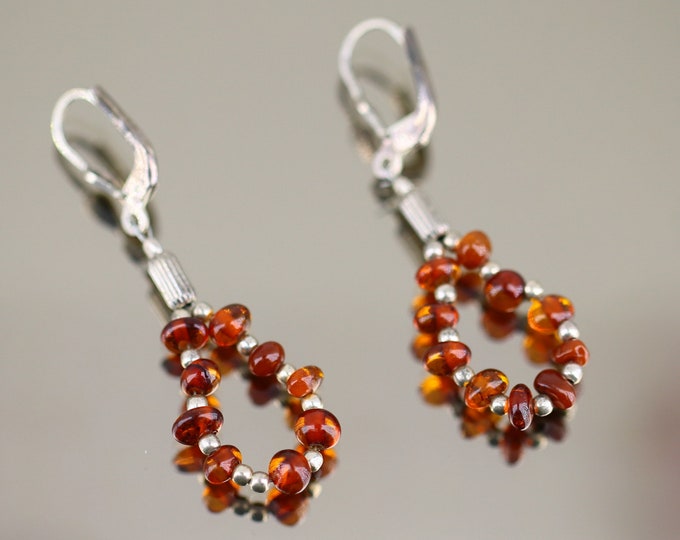 Vintage Beads Beaded Natural Amber Design Drop Dangle Earrings Sterling 925 ER 1531