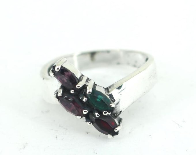 Vintage  Multi Color Oval Crystals CZ Statement Design Ring 925 Sterling Silver Size 6 RG 4558