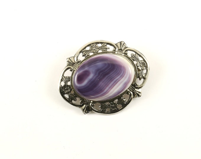 Vintage Beautiful Blue Lace Agate Flower Floral Design Pin/Brooch 925 Sterling BB 658