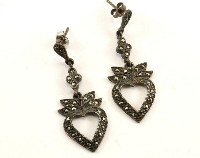 Vintage Heart Design Marcasite Drop/dangle Earrings 925 Sterling Silver Er 185