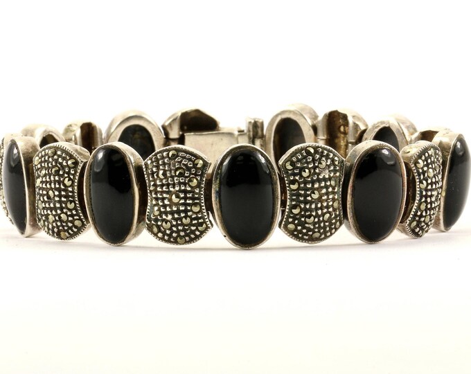 Vintage Onyx Marcasite Oval Links Bracelet 925 Sterling Silver Br 448-e