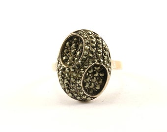 Vintage Size 7.25 Oval Design Marcasite Cocktail Ring 925 Sterling RG 3447