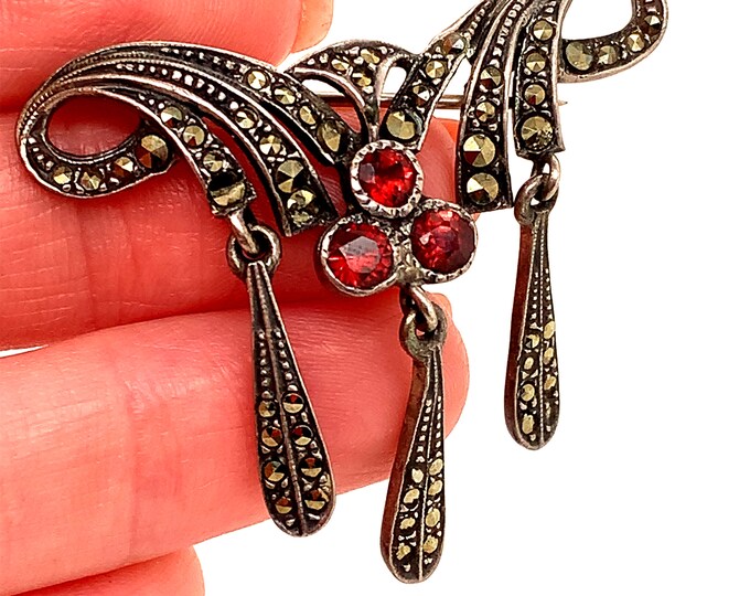 Vintage Brooch | Marcasite Design Brooch | Red Chrystal's Design Brooch | Beautiful Design Brooch | Silver 925 Sterling Brooch | BB 2156M