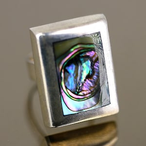 Vintage Size 9.5 Mexico Rectangle Shape Abalone Shell Design Ring 925 Sterling Silver RG 1251