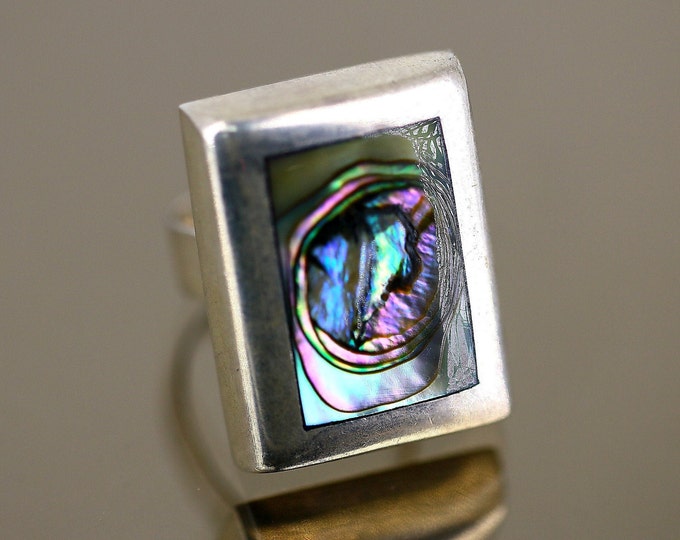 Vintage Size 9.5 Mexico Rectangle Shape Abalone Shell Design Ring 925 Sterling Silver RG 1251