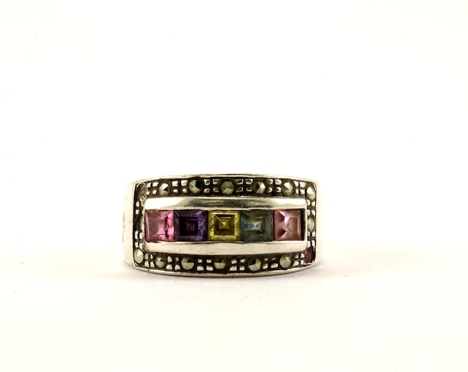 Vintage Size 6  Multicolor Crystals Ring 925 Sterling RG 3570