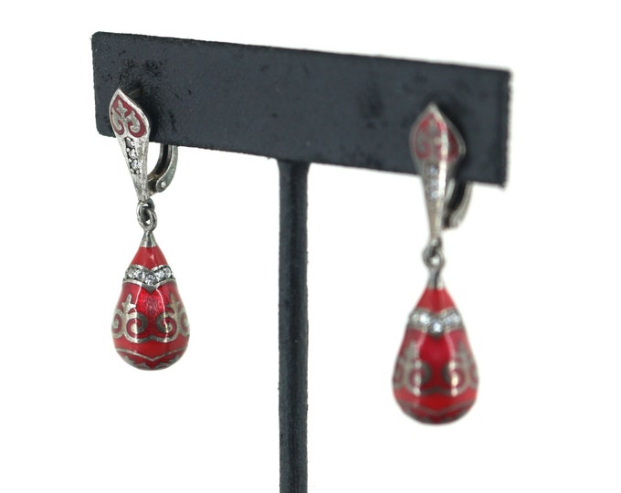 Vintage Beautiful Red Enamel Inlaid CZ Tribal Filigree Design Latch Back Earrings Sterling Silver ER 1541