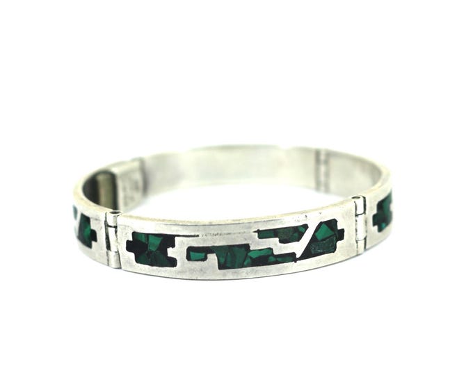 Vintage Mexico Inlay Malachite Link Bracelet 925 Sterling Silver BR 1543