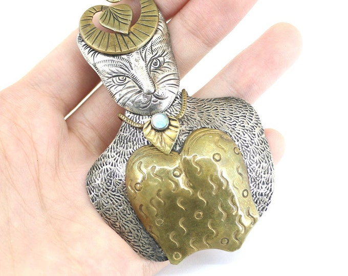 Vintage Egyptian Cat Brass Opal Triplet Courtney Peterson Design Pin/Brooch 925 Sterling BB 1705