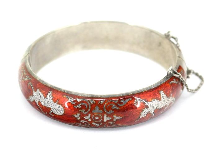 Vintage Thailand Siam Red Enamel Bangle Bracelet 925 Sterling BR 2401