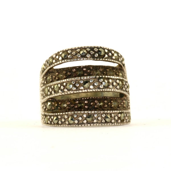 Vintage Size 7 Cigar Shaped 5 Rows Marcasite Inlay Ring 925 Sterling Silver RG 1602