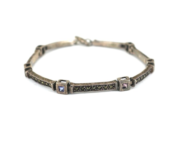 Vintage 7.5 In Multi Color Marcasite Bar Design Link Bracelet Sterling Silver Br 715(123759778106)