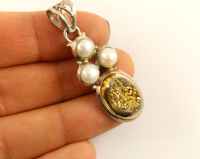 Vintage Natural Pearl Sparkling Druzy Stone Design Pendant 925 Sterling Silver PD 2252