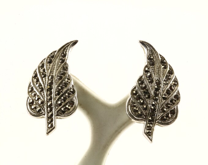 Vintage Leaf Leaves Marcasite Screw Back Earrings Sterling Silver ER 858