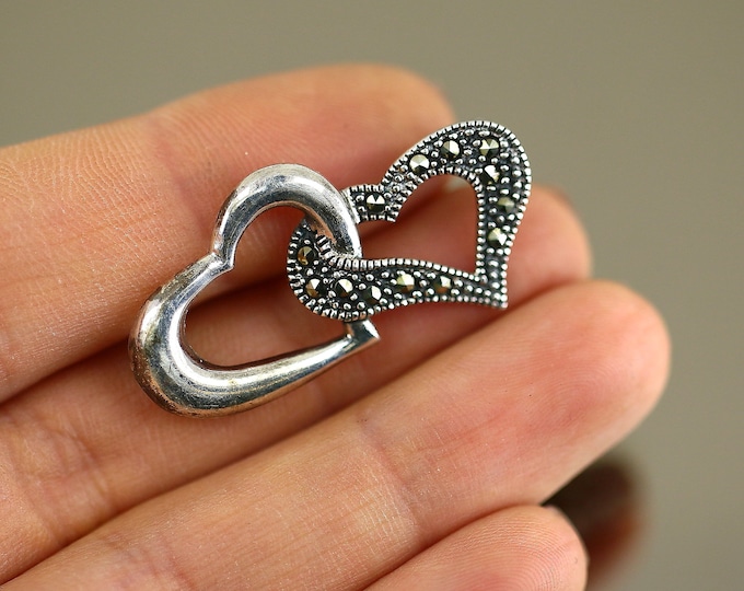 Vintage Heart Love Open Marcasite Design Brooch Pin Sterling Silver 925 BB 1903