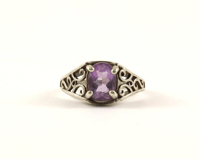 Vintage Oval Purple Crystal Scroll Design Ring 925 Sterling Silver RG 4131